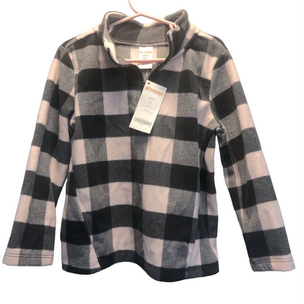 Gymboree half-zip pale pink/black buffalo plaid pullover polar fleece, XS (4)